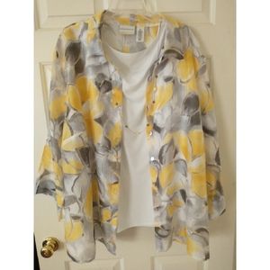 Alfred Dunner Lightweight Yellow Floral Shirt Set with Tank & Jewelry